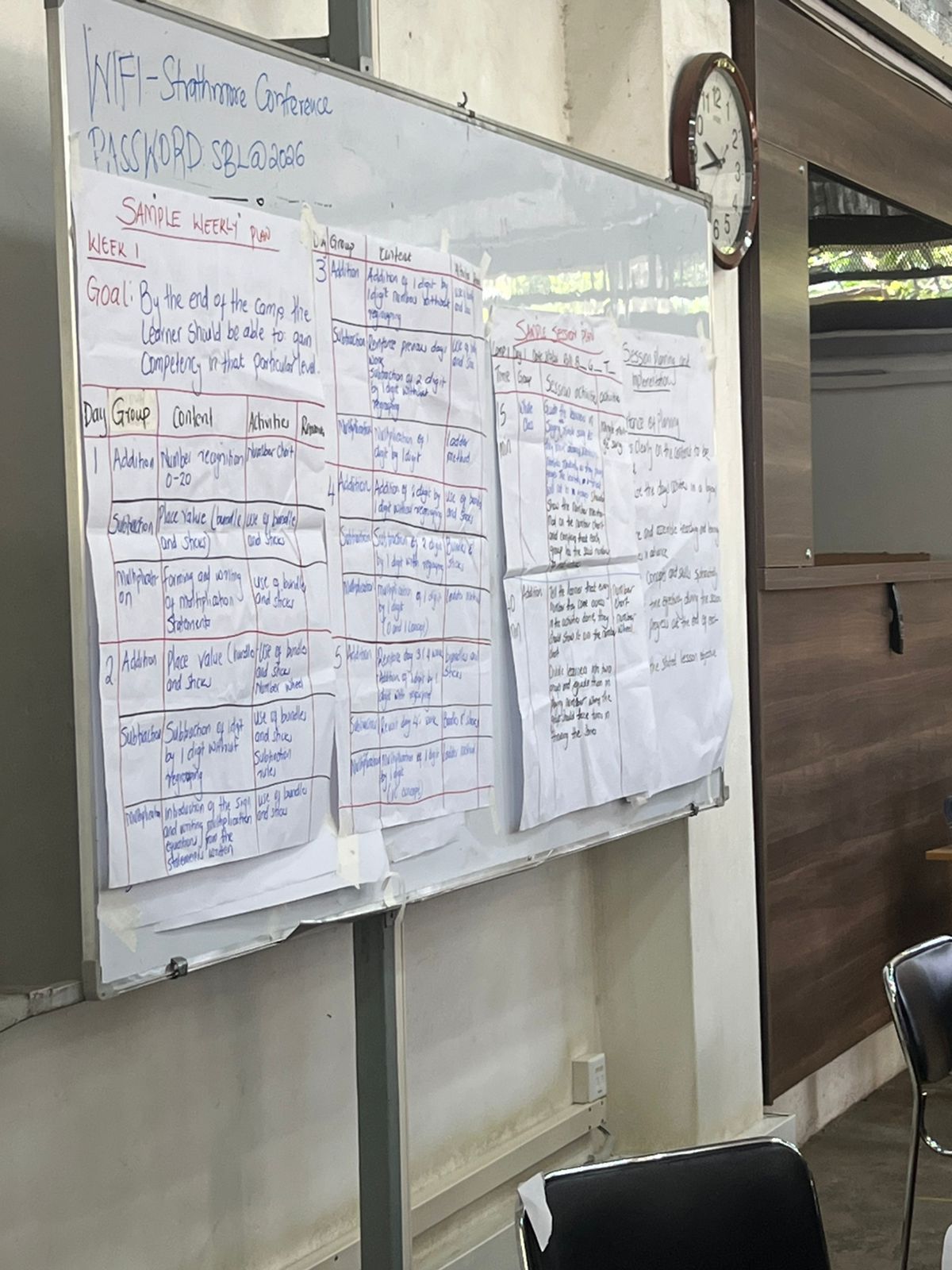 Handwritten weekly plan for a Holiday Learning Camp covering number recognition through multiplication