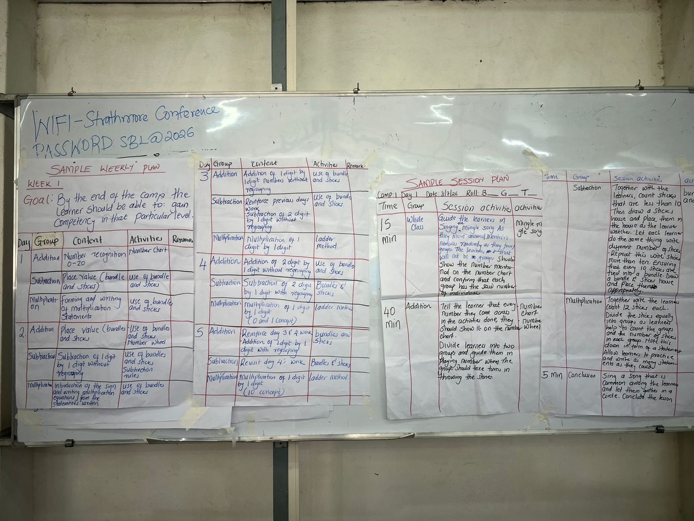 Handwritten session plan detailing timed activities for a Holiday Learning Camp lesson